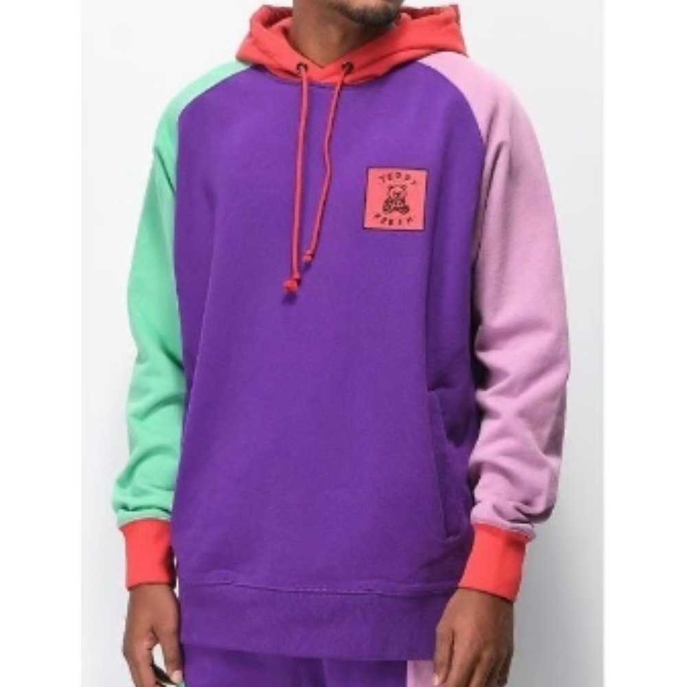 Teddy Fresh Colorblock Hoodie‎ Mens Large Purple Green Pink Red Raglan